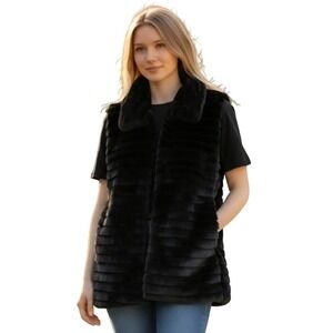 Bella Black Faux Fur Vest Ribbed Plush Italian Made L/XL Luxury Edgy Statement‎